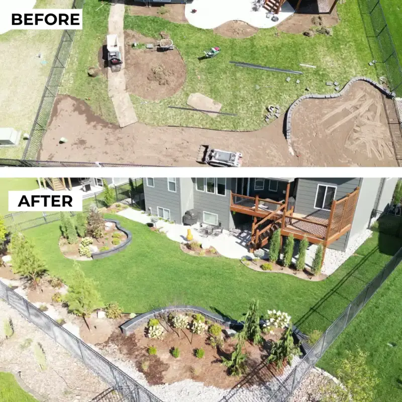 Before and after images of a backyard landscaping project. The top image shows a bare, uneven area with some equipment, while the bottom image reveals a lush, landscaped yard featuring curved pathways, plants, and a well-defined lawn, creating a vibrant outdoor space.