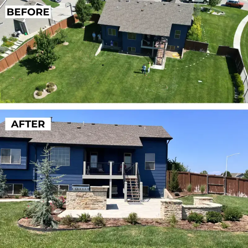 Before and after images of a backyard renovation. The top image shows a grassy area with construction workers near a two-story house, while the bottom image features a transformed space with a stone patio, landscaping, and decorative plants, showcasing a more polished and inviting outdoor area.