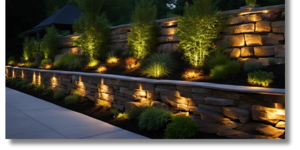 An outdoor landscape featuring a stone wall illuminated by warm lights. The wall is adorned with various plants and shrubs, creating a serene atmosphere at dusk.