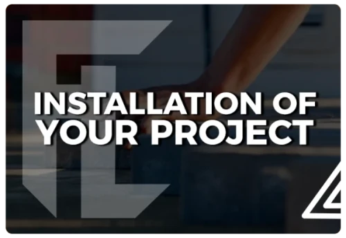 Graphic featuring the text 'INSTALLATION OF YOUR PROJECT' overlaid on an image of a hand working on a construction project. The design includes bold letters and a modern logo, emphasizing the theme of installation services.