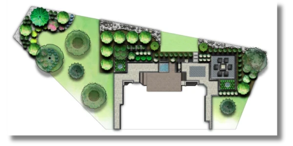 Landscape design layout featuring a variety of plants and trees, a patio area with seating, a pool, and pathways, all arranged in a detailed garden plan.