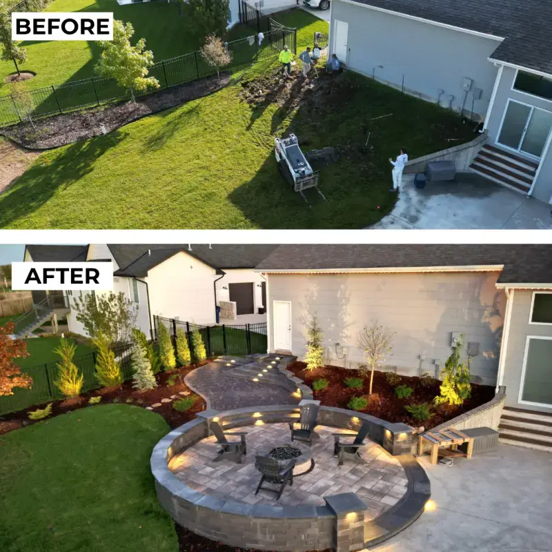 Before and after images of a backyard transformation. The top image shows a grassy area with construction workers and equipment, while the bottom image reveals a beautifully landscaped yard featuring a stone patio, fire pit, and decorative plants, illuminated by soft lights.