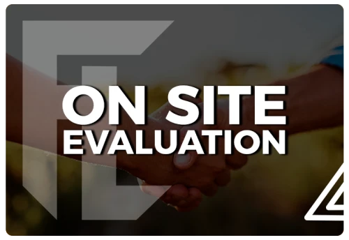 Graphic featuring the text 'ON SITE EVALUATION' overlaid on an image of two hands shaking, symbolizing partnership and collaboration. The design includes bold letters and a modern logo, emphasizing the theme of site evaluations.