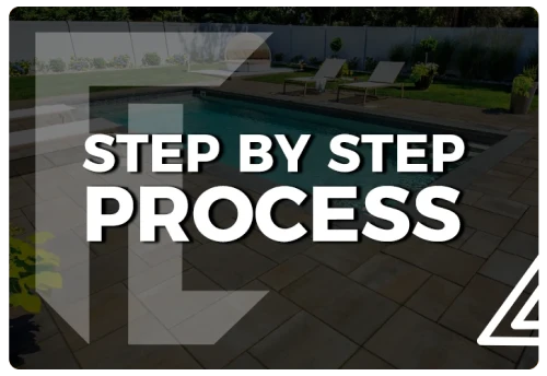 Graphic featuring the text 'STEP BY STEP PROCESS' prominently displayed over a background image of a swimming pool area with lounge chairs and landscaped surroundings.